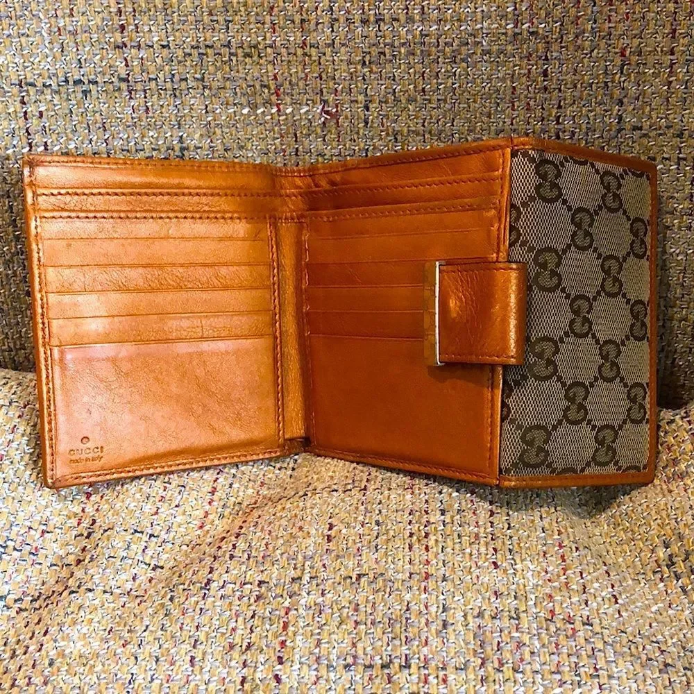 GUCCI GG Monogram Orange Leather Tan Canvas Trifold Wallet Vintage AUTHENTIC
